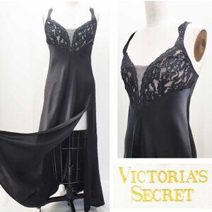 VTG Victoria's Secret Women's Maxi Satin Black Bias Nightgown Lace Gold Label S